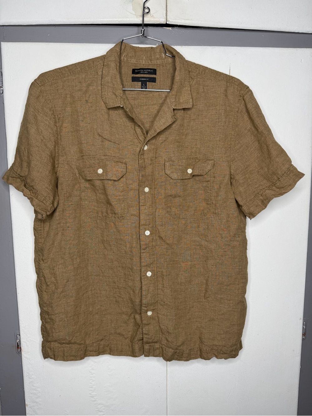 Banana Republic Men Expedition Untucked Linen S/S Button Shirt Size L Brown